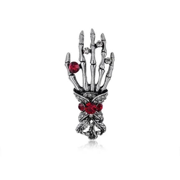 Boutique Skeleton Hand Brooch Pin Silver Rhinestones Witchy Goblincore Witchcore - Picture 1 of 6
